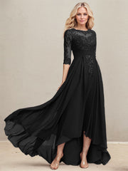 A-line Scoop Illusion Asymmetrical Lace Chiffon Mother of the Bride Dress With Pleated Sequins