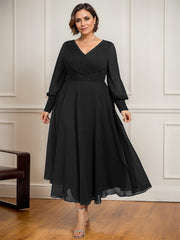 A-line V-Neck Tea-Length Chiffon Mother of the Bride Dress With Pleated