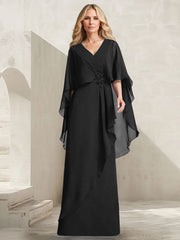 A-line V-Neck Floor-Length Chiffon Mother of the Bride Dress With Cascading Ruffles Beading