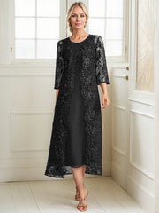 A-line Scoop Tea-Length Lace Chiffon Mother of the Bride Dress