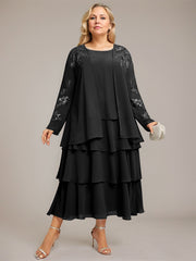 A-line Scoop Tea-Length Chiffon Mother of the Bride Dress With Cascading Ruffles