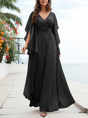 A-Line V-Neck Floor-Length Chiffon Mother Of The Bride Dresses With Appliques Lace