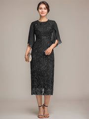 Sheath/Column Scoop Tea-Length Lace Chiffon Mother of the Bride Dress