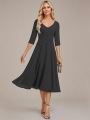A-line V-Neck Tea-Length Chiffon Mother of the Bride Dress With Pleated