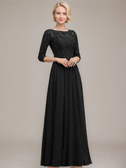 A-line Boat Neck Illusion Floor-Length Chiffon Lace Mother of the Bride Dress With Sequins Beading