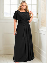 A-line Scoop Floor-Length Chiffon Mother of the Bride Dress With Pleated Beading
