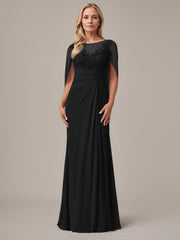 A-Line Floor-Length Boat-Neck Lace Capelet Chiffon Mother of the Bride Dress