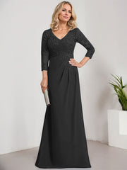 Sheath/Column V-Neck Illusion Floor-Length Lace Chiffon Mother of the Bride Dress With Pleated Sequins
