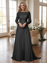 A-line Bateau Long Sleeves Appliques Lace Sweep Train Chiffon Mother of the Bride Dres