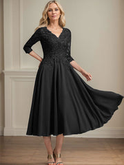 A-line V-Neck Tea-Length Chiffon Lace Mother of the Bride Dress With Beading Sequins