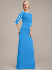A-line Scoop Floor-Length Chiffon Lace Mother of the Bride Dress With Sequins Beading Pleated