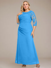 A-line Scoop Floor-Length Chiffon Lace Mother of the Bride Dress With Sequins Beading Pleated