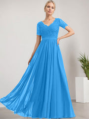 A-line V-Neck Floor-Length Lace Chiffon Mother of the Bride Dress