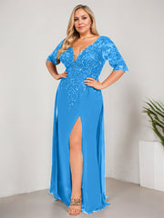 Sheath/Column V-Neck Floor-Length Lace Chiffon Mother of the Bride Dress With Sequins