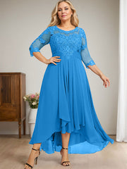 A-line Scoop Illusion Asymmetrical Lace Chiffon Mother of the Bride Dress With Cascading Ruffles
