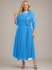 A-line Boat Neck Illusion Tea-Length Lace Chiffon Mother of the Bride Dress With Sequins