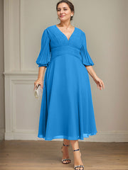 A-line V-Neck Tea-Length Chiffon Mother of the Bride Dress With Pleated