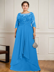 A-line Scoop Illusion Floor-Length Lace Chiffon Mother of the Bride Dress With Cascading Ruffles