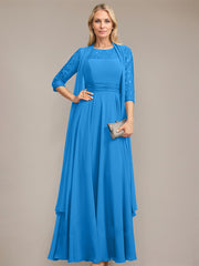 A-line Scoop Illusion Floor-Length Lace Chiffon Mother of the Bride Dress With Pleated