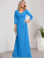 Sheath/Column V-Neck Illusion Floor-Length Lace Chiffon Mother of the Bride Dress With Pleated Sequins
