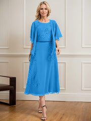 A-line Scoop Tea-Length Lace Chiffon Mother of the Bride Dress With Sequins