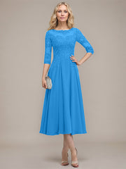 A-line Scoop Illusion Tea-Length Chiffon Lace Mother of the Bride Dress With Sequins Beading