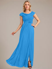 A-line Scoop Floor-Length Mesh Mother of the Bride Dress With Pleated Beading