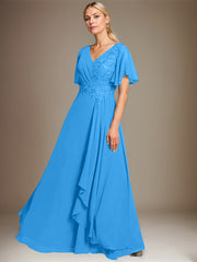 A-line V-Neck Floor-Length Lace Chiffon Mother of the Bride Dress With Cascading Ruffles Sequins