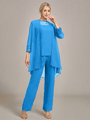 Navy Long Sleeves 3 Pieces Mother of the Bride Pant Suits