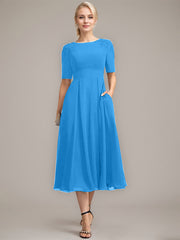 A-line Scoop Tea-Length Chiffon Mother of the Bride Dress With Appliques Lace Sequins