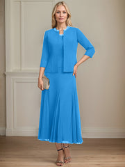 Separates A-line Scoop Tea-Length Chiffon Mother of the Bride Dress With Sequins Beading