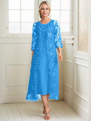 A-line Scoop Tea-Length Lace Chiffon Mother of the Bride Dress