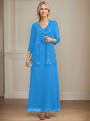 A-line V-Neck Ankle-Length Lace Sequin Chiffon Mother of the Bride Dress