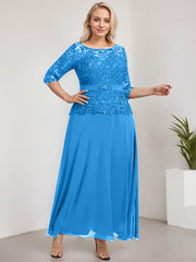 A-line Scoop Illusion Ankle-Length Chiffon Lace Mother of the Bride Dress With Rhinestone Beading
