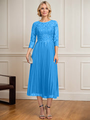 A-line Scoop Illusion Tea-Length Lace Chiffon Mother of the Bride Dress With Sequins Pleated