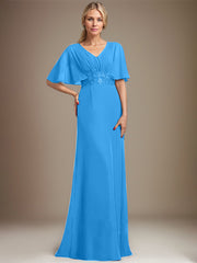 A-line V-Neck Floor-Length Chiffon Mother of the Bride Dress With Sequins Appliques Lace Pleated