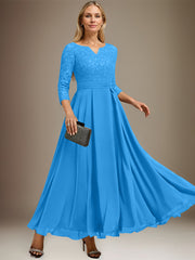 A-line V-Neck Ankle-Length Chiffon Lace Mother of the Bride Dress With Rhinestone