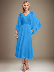 A-line V-Neck Tea-Length Chiffon Lace Mother of the Bride Dress With Sequins Beading