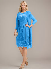 Sheath/Column Scoop Illusion Knee-Length Lace Chiffon Mother of the Bride Dress With Cascading Ruffles Sequins