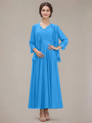 A-line V-Neck Ankle-Length Chiffon Mother of the Bride Dress With Sequins Appliques Lace Beading