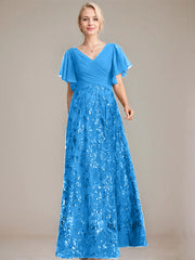 A-line V-Neck Floor-Length Lace Sequin Chiffon Mother of the Bride Dress With Pleated