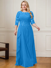 A-line Scoop Floor-Length Lace Chiffon Mother of the Bride Dress With Cascading Ruffles Sequins