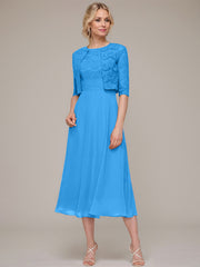 A-line/Princess Scoop Tea-Length Chiffon Mother of the Bride Dress With Lace Jacket