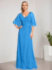A-line V-Neck Floor-Length Lace Chiffon Mother of the Bride Dress With Sequins Beading
