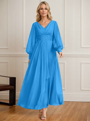 A-line V-Neck Ankle-Length Chiffon Mother of the Bride Dress With Cascading Ruffles Beading Sequins