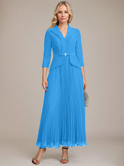 A-line Collared V-Neck Ankle-Length Chiffon Mother of the Bride Dress With Beading Pleated