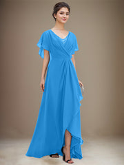 A-line V-Neck Asymmetrical Chiffon Mother of the Bride Dress With Sequins Beading Cascading Ruffles