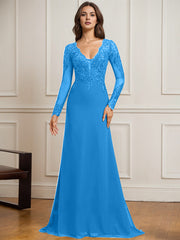 Sheath/Column V-Neck Detachable Sweep Train Lace Tulle Chiffon Mother of the Bride Dress With Sequins
