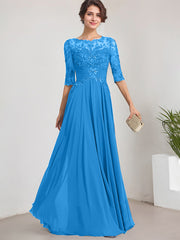 A-line Scoop Illusion Floor-Length Lace Chiffon Mother of the Bride Dress With Pleated Sequins