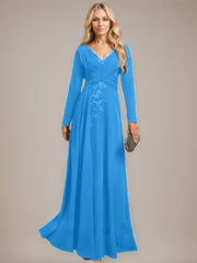 A-line V-Neck Floor-Length Stretch Crepe Evening Dress With Pleated Sequins Appliques Lace